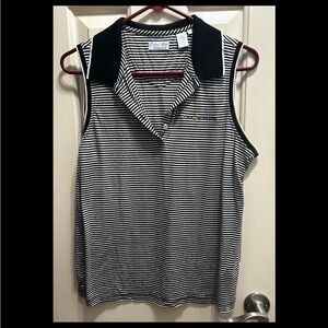 Black and White Striped Sleeveless Polo Top